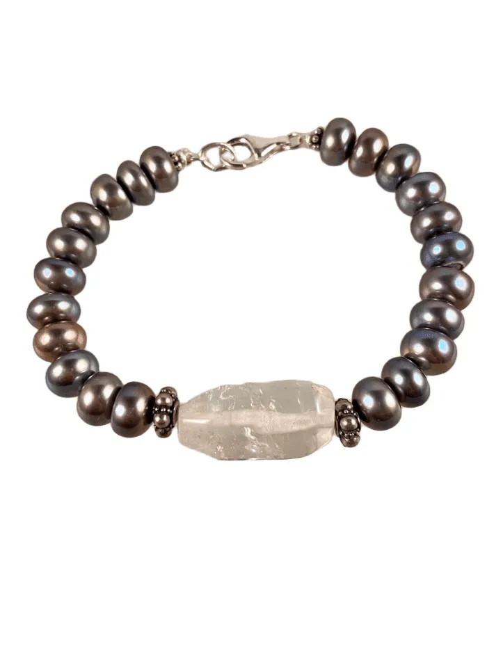 Grey Button Pearl and Quartz Crystal Gemstone Bracelet