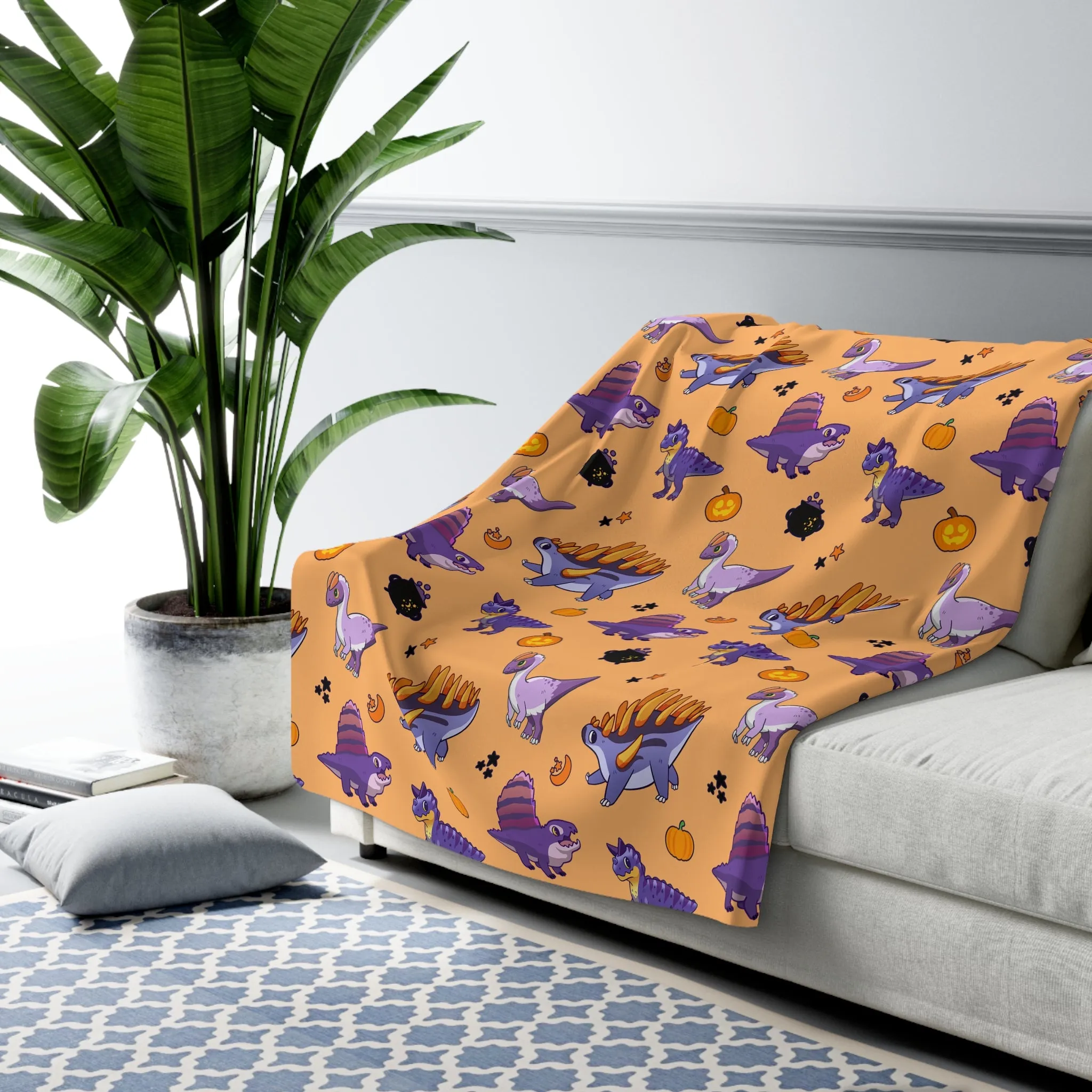 Halloween Dinos - Orange Sherpa Fleece Blanket