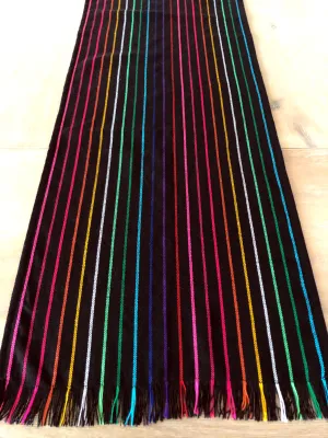 Mexican Fabric Table Runner - Black rainbow stripes