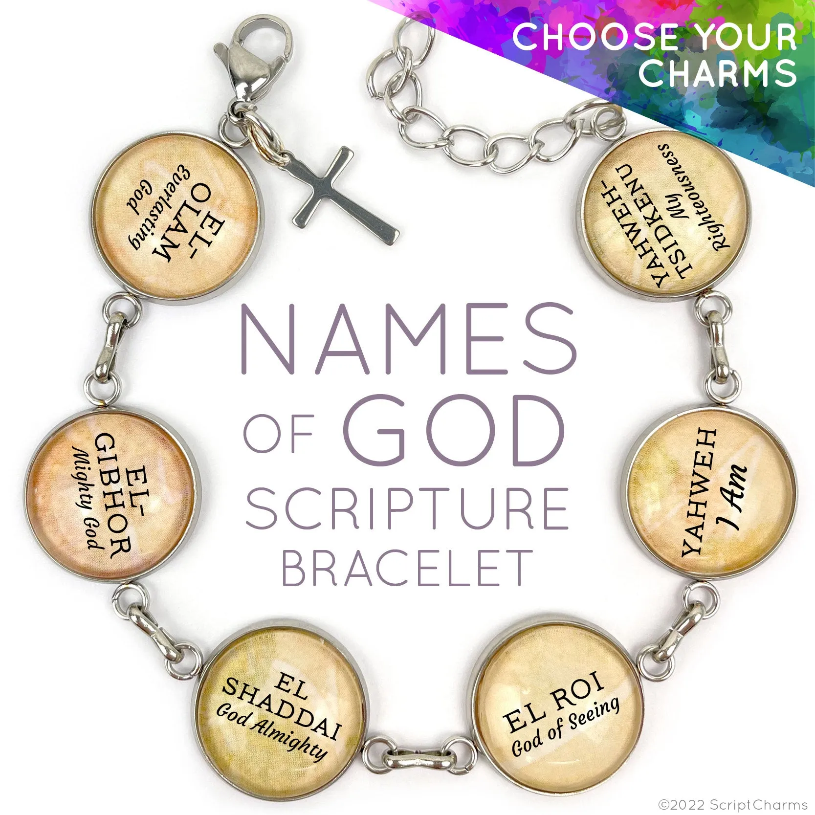 Names of GOD Yahweh Hebrew Charm Bracelet, Choose Your Charms! Glass Stainless Steel