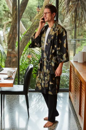 Pines & Cranes Mens Kimono Short Cotton Black